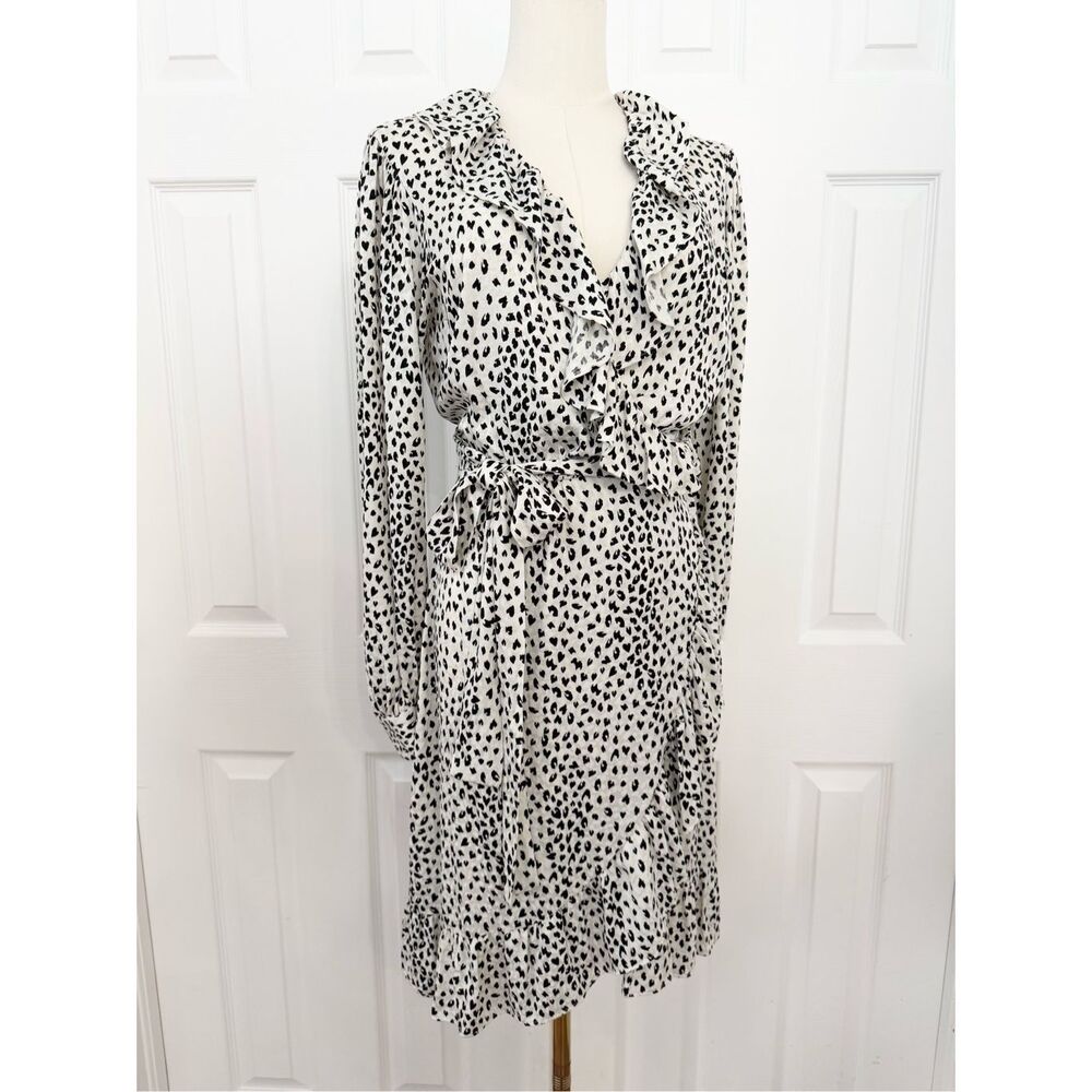 Maje Off White Black Rosana Ruffled Long SleeveAnimal Print Wrap Dress Size 2